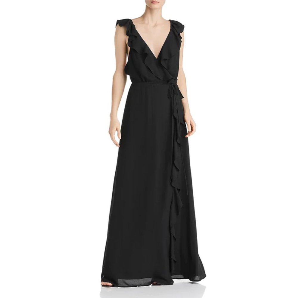WAYF Elise Ruffled Open Back Wrap Maxi Dress Gown in Black Size XL New NWT